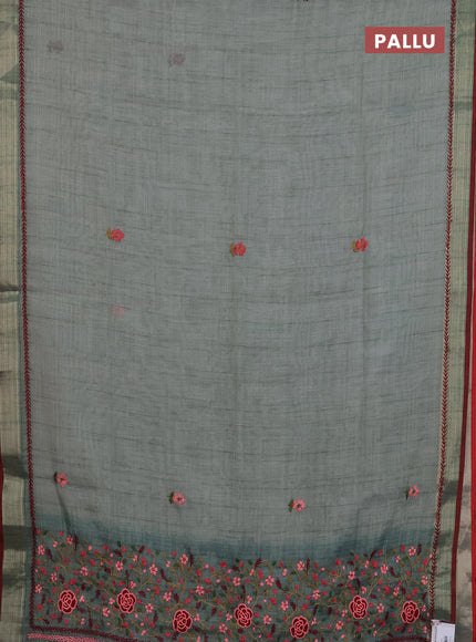 Linen cotton saree pastel blue and maroon with embroidery buttas and zari woven border