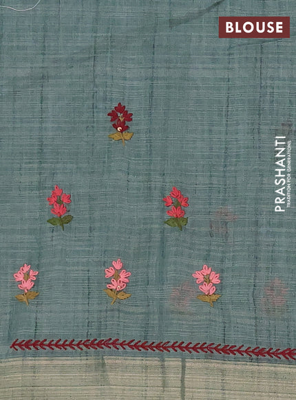 Linen cotton saree pastel blue and maroon with embroidery buttas and zari woven border