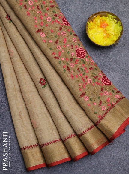 Linen cotton saree sandal and red with embroidery buttas and zari woven border