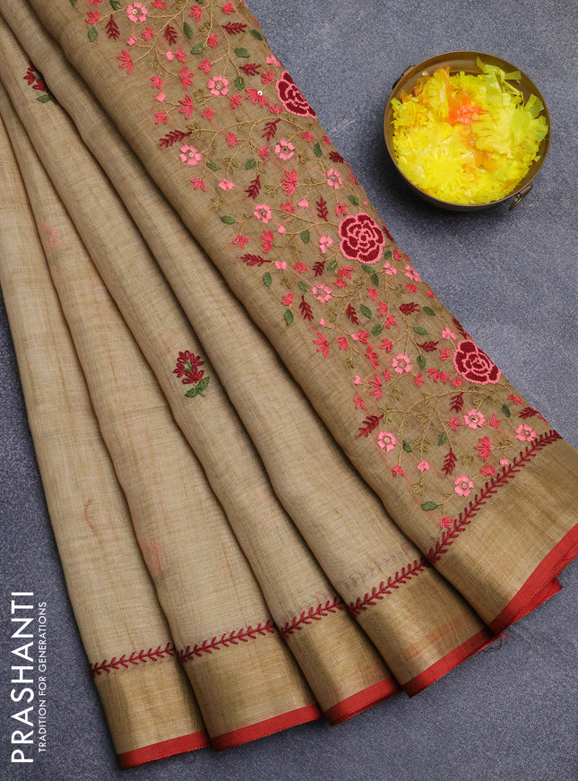 Linen cotton saree sandal and red with embroidery buttas and zari woven border