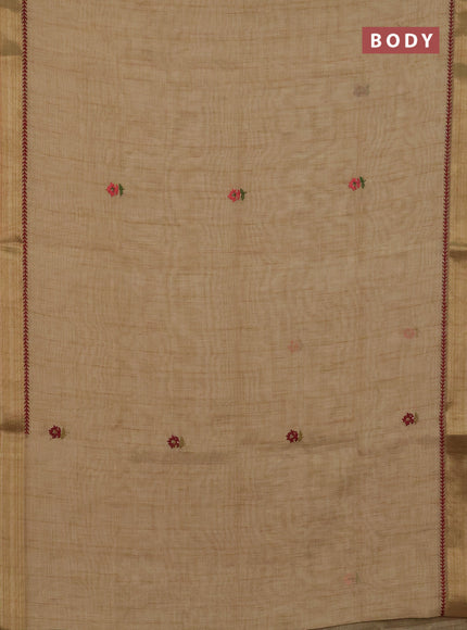 Linen cotton saree sandal and red with embroidery buttas and zari woven border