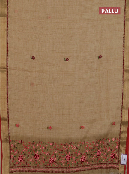 Linen cotton saree sandal and red with embroidery buttas and zari woven border