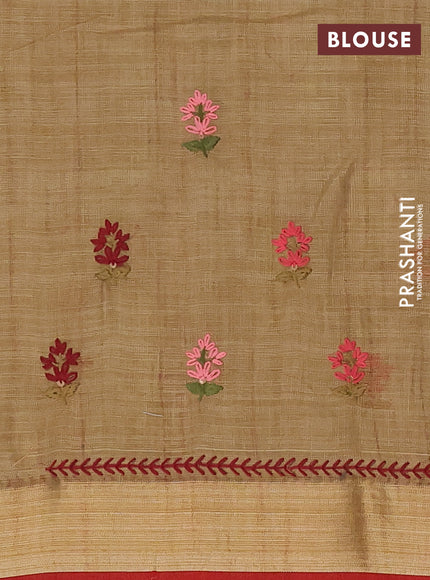 Linen cotton saree sandal and red with embroidery buttas and zari woven border