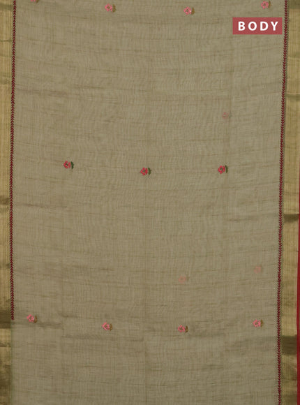 Linen cotton saree light green and red with embroidery buttas and zari woven border