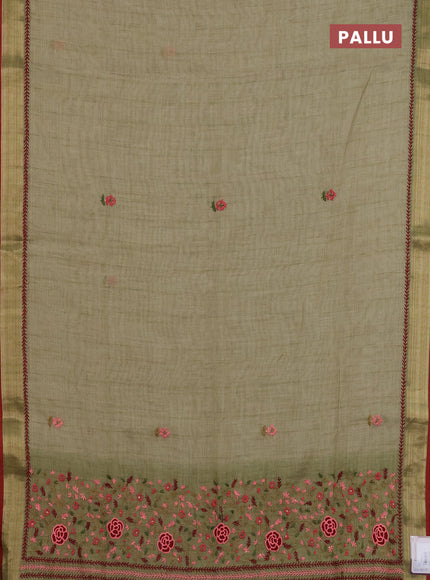Linen cotton saree light green and red with embroidery buttas and zari woven border