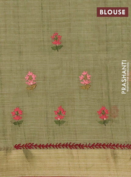 Linen cotton saree light green and red with embroidery buttas and zari woven border
