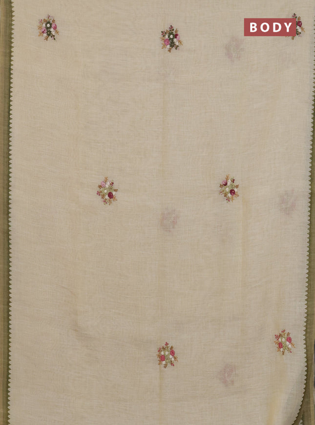 Linen cotton saree beige and olive green with embroidery buttas and simple border