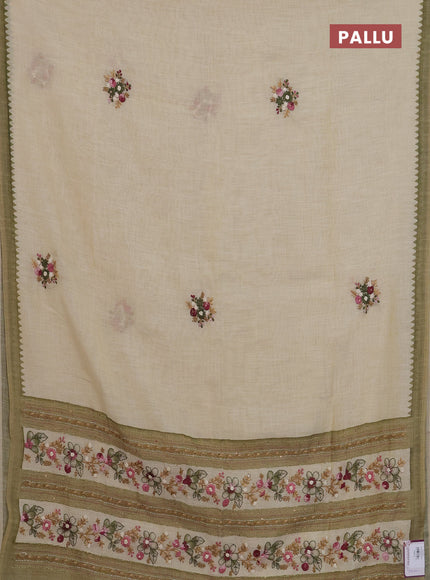 Linen cotton saree beige and olive green with embroidery buttas and simple border