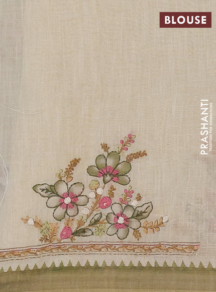 Linen cotton saree beige and olive green with embroidery buttas and simple border