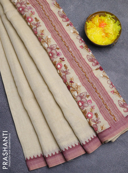 Linen cotton saree beige and pink with embroidery buttas and simple border