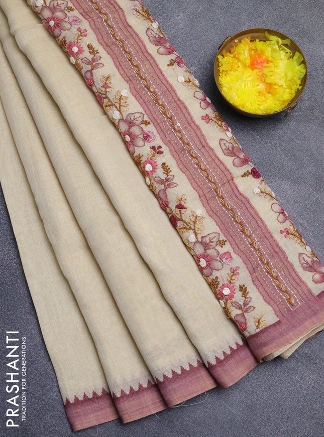 Linen cotton saree beige and pink with embroidery buttas and simple border