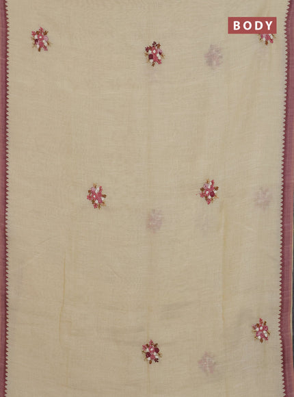 Linen cotton saree beige and pink with embroidery buttas and simple border