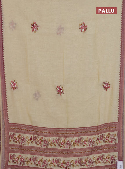 Linen cotton saree beige and pink with embroidery buttas and simple border