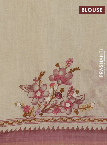 Linen cotton saree beige and pink with embroidery buttas and simple border