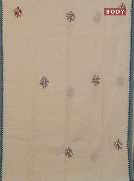 Linen cotton saree beige and pastel blue with embroidery buttas and simple border