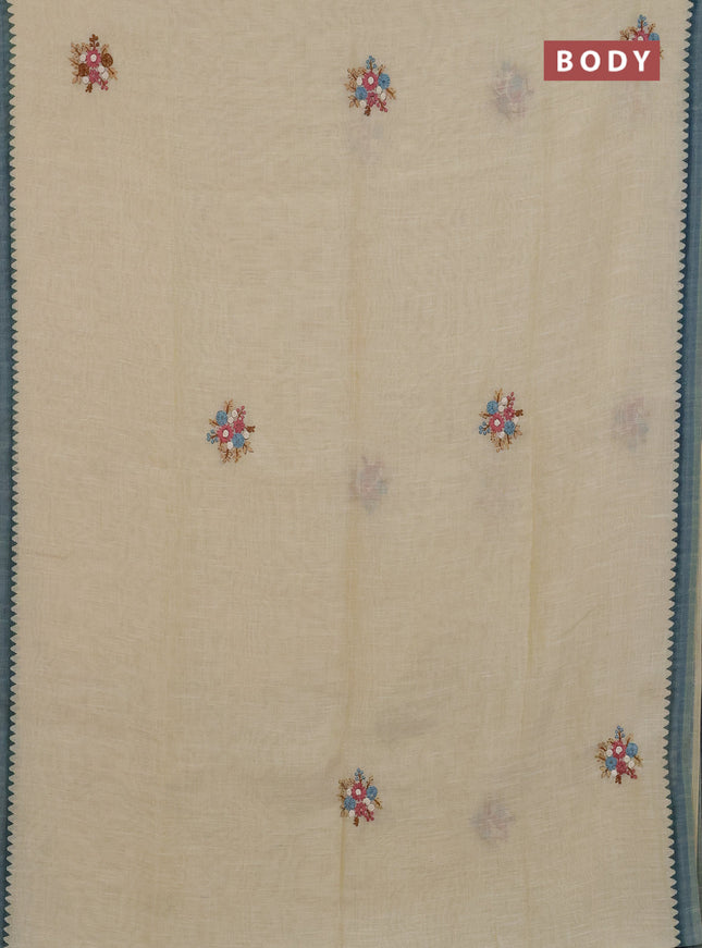 Linen cotton saree beige and pastel blue with embroidery buttas and simple border