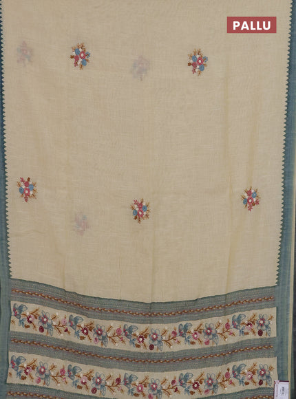 Linen cotton saree beige and pastel blue with embroidery buttas and simple border
