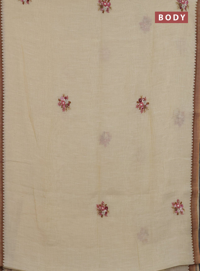 Linen cotton saree beige and sandal with embroidery buttas and simple border
