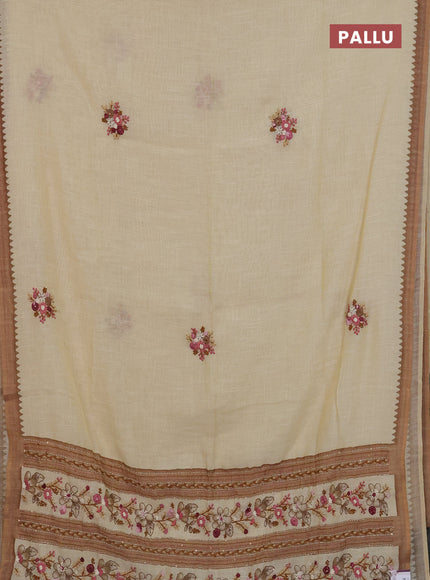 Linen cotton saree beige and sandal with embroidery buttas and simple border