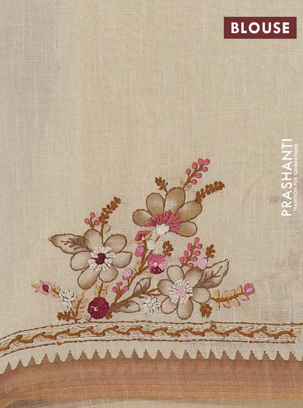 Linen cotton saree beige and sandal with embroidery buttas and simple border
