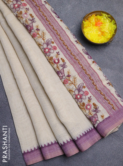 Linen cotton saree beige and purple with embroidery buttas and simple border