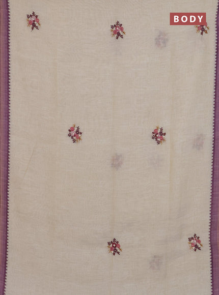 Linen cotton saree beige and purple with embroidery buttas and simple border