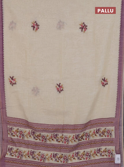 Linen cotton saree beige and purple with embroidery buttas and simple border