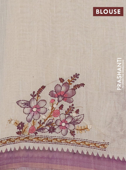 Linen cotton saree beige and purple with embroidery buttas and simple border