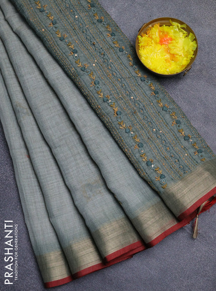 Linen cotton saree grey and maroon with embroidery buttas and zari woven border