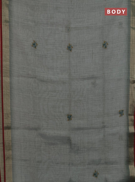 Linen cotton saree grey and maroon with embroidery buttas and zari woven border