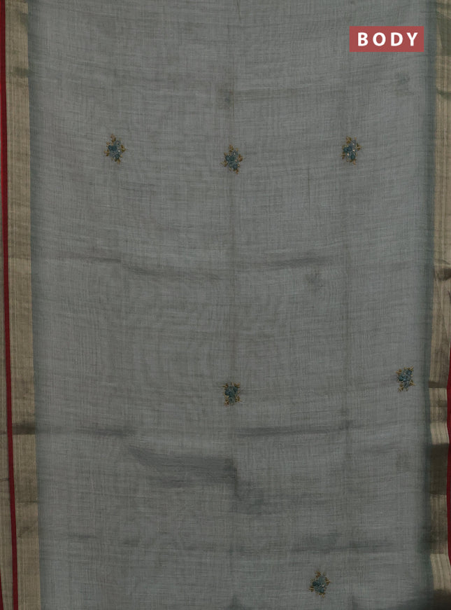 Linen cotton saree grey and maroon with embroidery buttas and zari woven border
