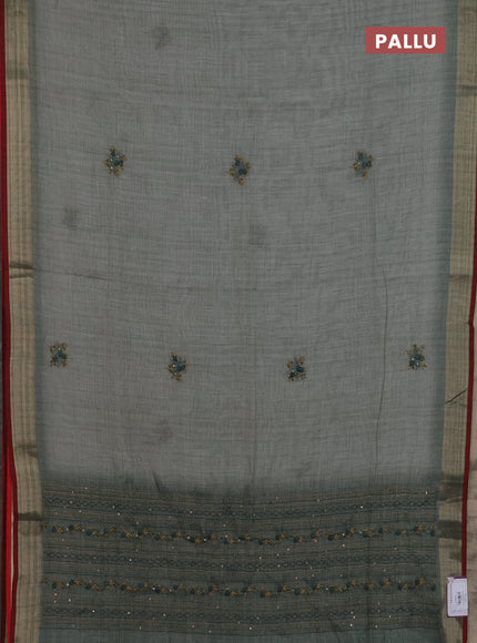 Linen cotton saree grey and maroon with embroidery buttas and zari woven border