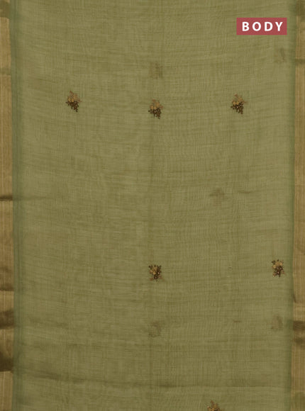 Linen cotton saree light green and maroon with embroidery buttas and zari woven border