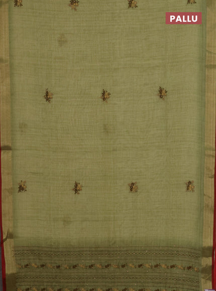 Linen cotton saree light green and maroon with embroidery buttas and zari woven border
