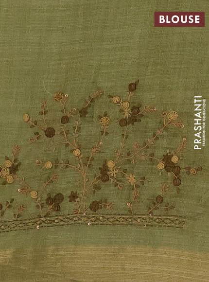 Linen cotton saree light green and maroon with embroidery buttas and zari woven border