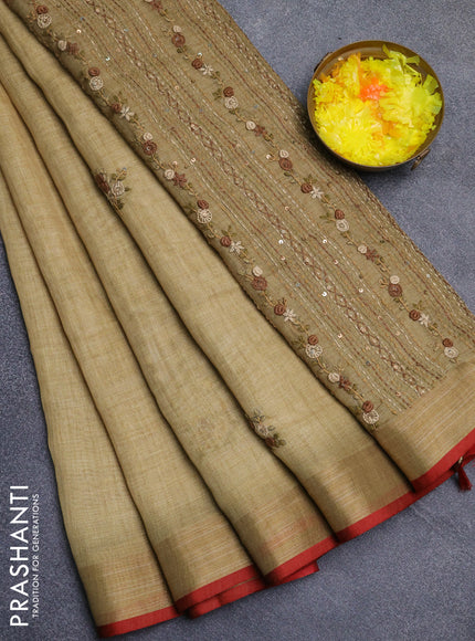 Linen cotton saree dark sandal and maroon with embroidery buttas and zari woven border
