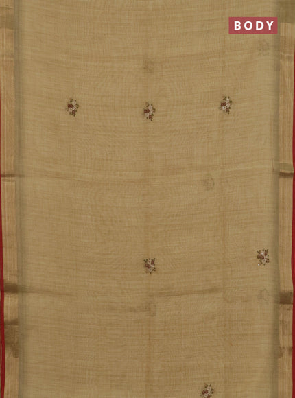 Linen cotton saree dark sandal and maroon with embroidery buttas and zari woven border