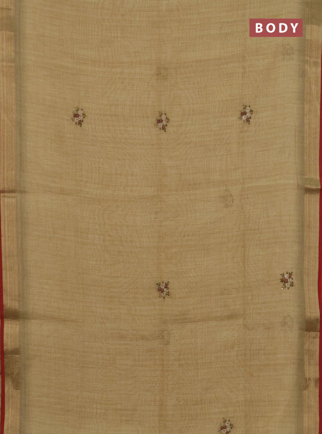Linen cotton saree dark sandal and maroon with embroidery buttas and zari woven border