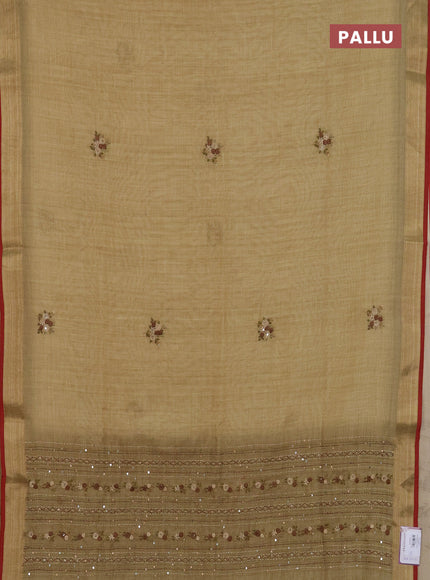 Linen cotton saree dark sandal and maroon with embroidery buttas and zari woven border