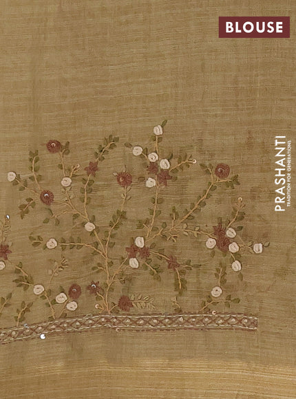 Linen cotton saree dark sandal and maroon with embroidery buttas and zari woven border