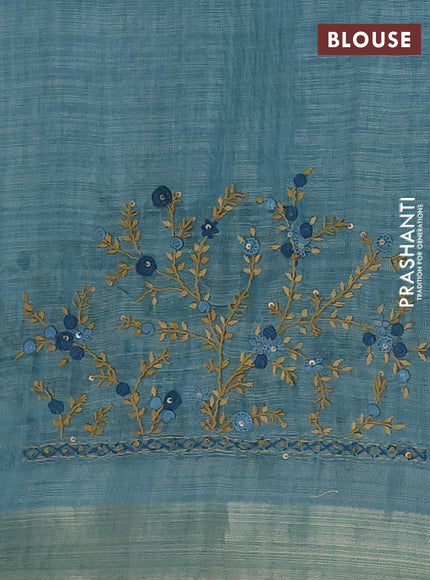 Linen cotton saree pastel blue and maroon with embroidery buttas and zari woven border