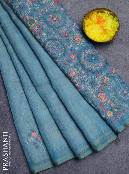 Linen cotton saree pastel blue with embroidery buttas and simple border