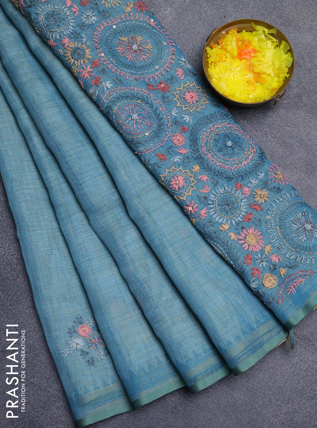 Linen cotton saree pastel blue with embroidery buttas and simple border