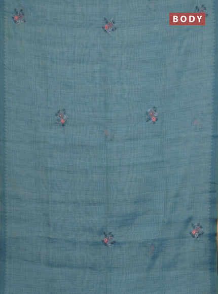 Linen cotton saree pastel blue with embroidery buttas and simple border