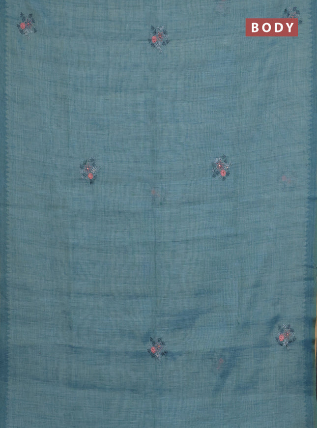 Linen cotton saree pastel blue with embroidery buttas and simple border