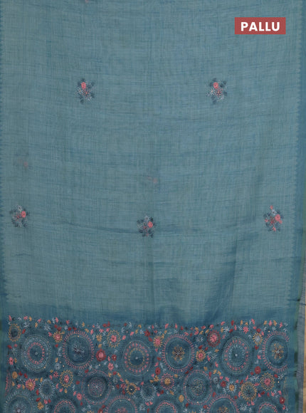 Linen cotton saree pastel blue with embroidery buttas and simple border