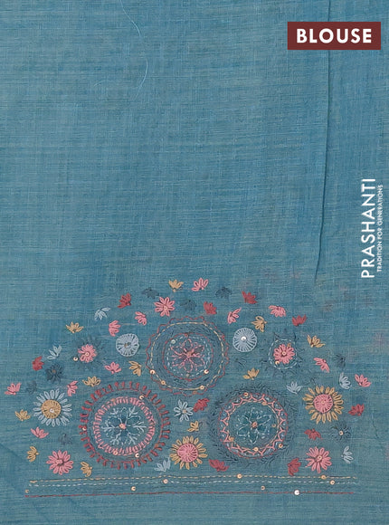 Linen cotton saree pastel blue with embroidery buttas and simple border