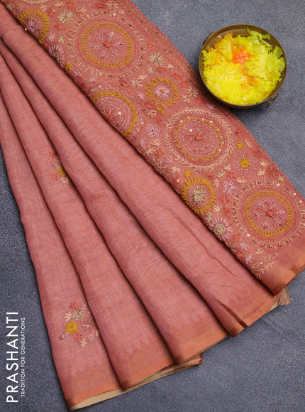Linen cotton saree peach shade with embroidery buttas and simple border