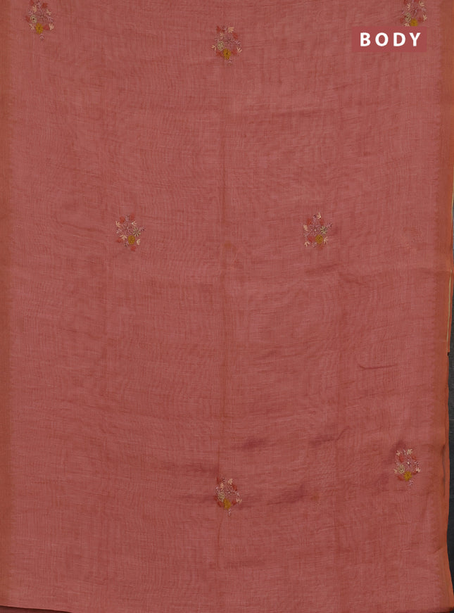 Linen cotton saree peach shade with embroidery buttas and simple border