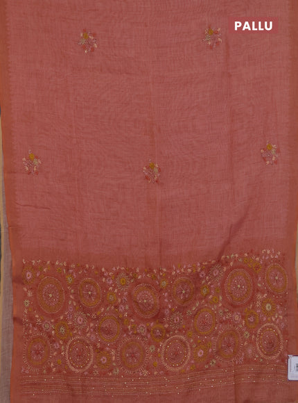 Linen cotton saree peach shade with embroidery buttas and simple border
